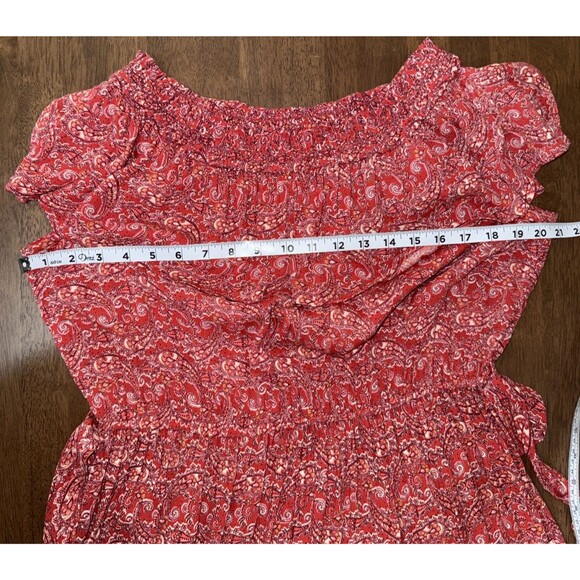 Nostalgia Red Orange Paisley Off Shoulder Dress Boho Ruffle Belted Midi L NWT - Picture 11 of 13